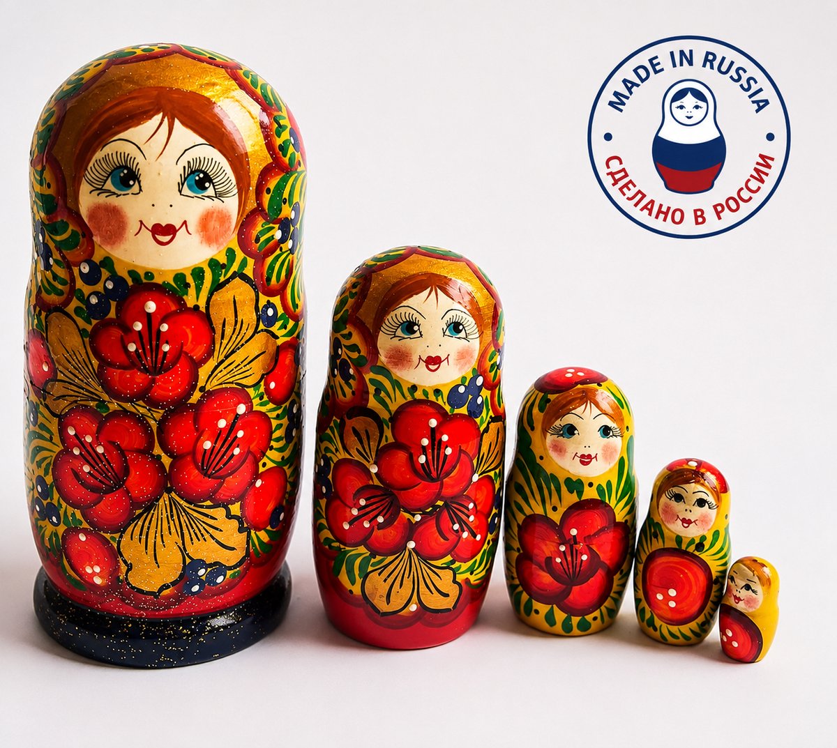 Houten Matroesjka poppen, Russische,babushka, 15,50 cm hoog 5 delig handbeschilderd - Multicolor