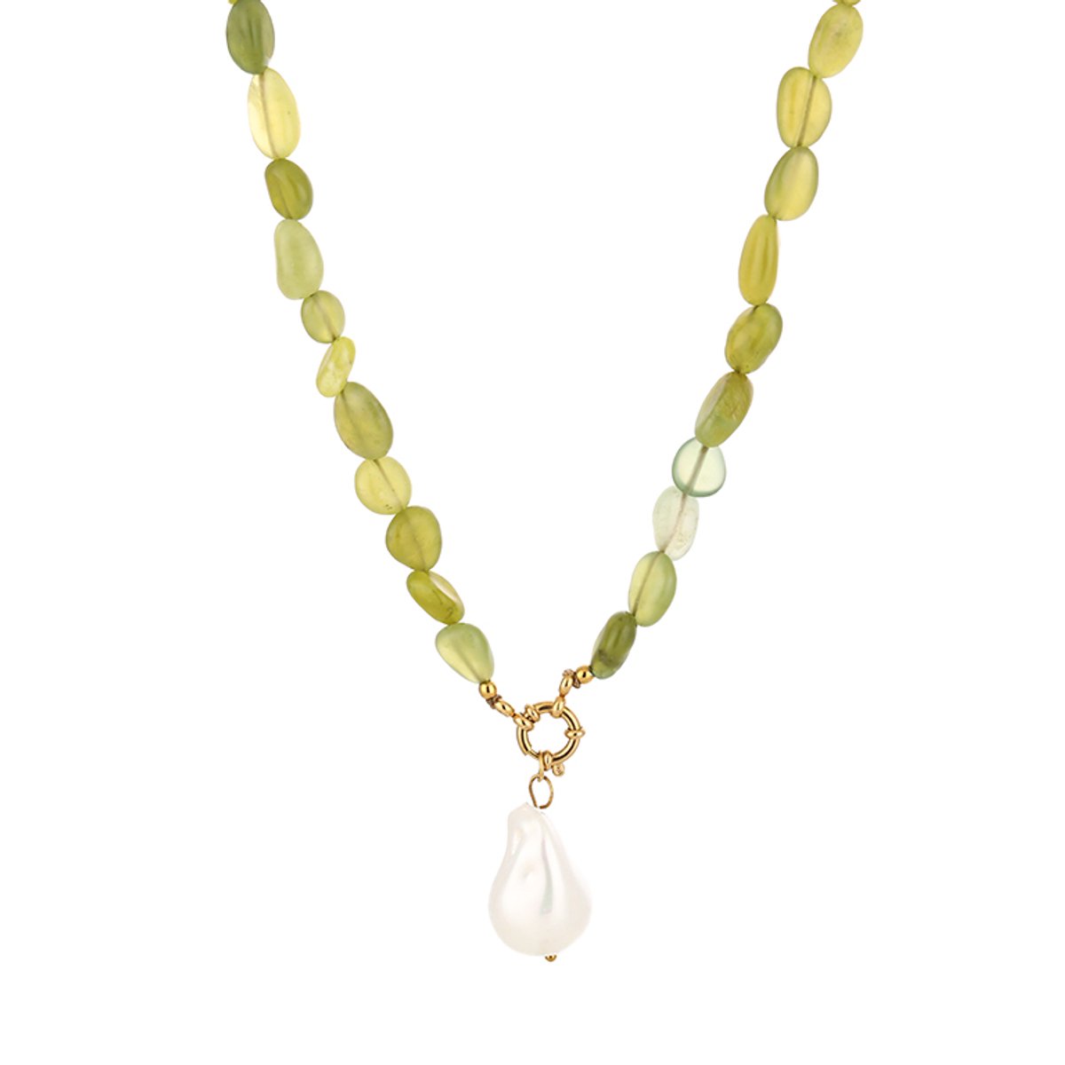 Natural Gemstone Chip Beads Baroque Pearl Chain Necklace – Luxe Kralen Ketting met Parel – RVS - Groen