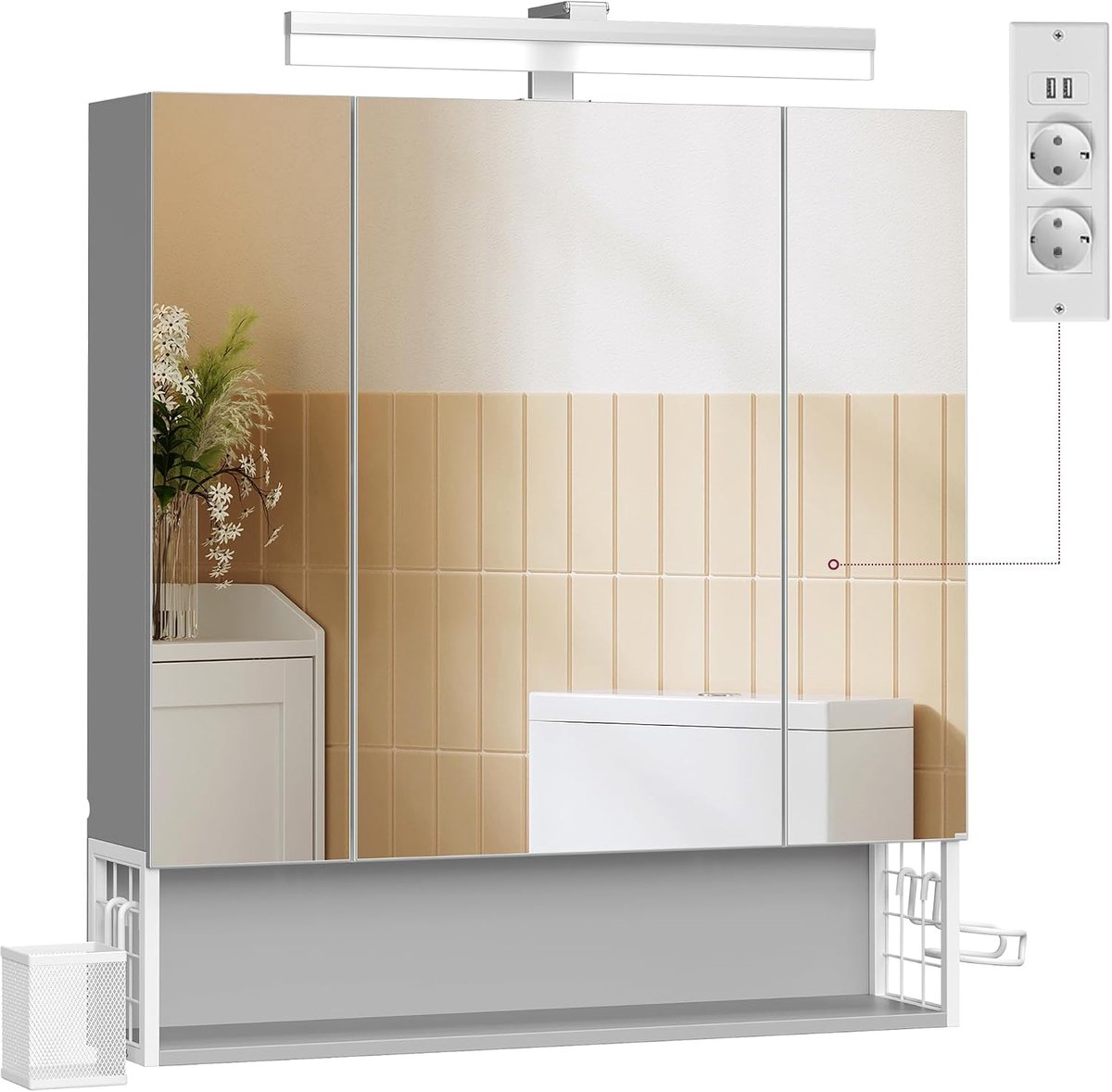 VASAGLE BBK126G01 Badkamer Spiegelkast met Verlichting, Plug, Hangmand, Haardrogerhouder, Badkamerkast, 70 x 16.5 x 75 cm, 3 Spiegeldeuren, Wolk Wit, Duifgrijs