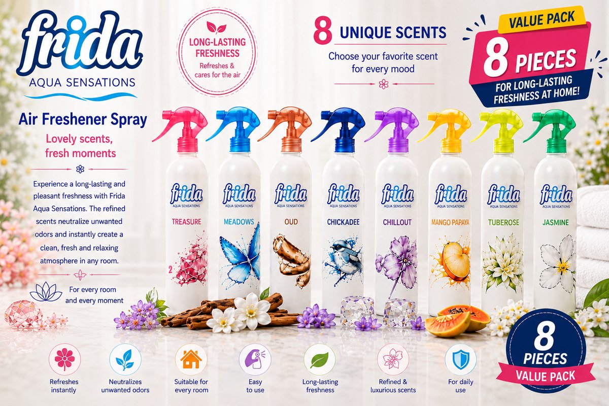 Frida Aqua Sensations Luchtverfrisser Spray – 8 Unieke Geuren voor een Langdurig Frisse Woning