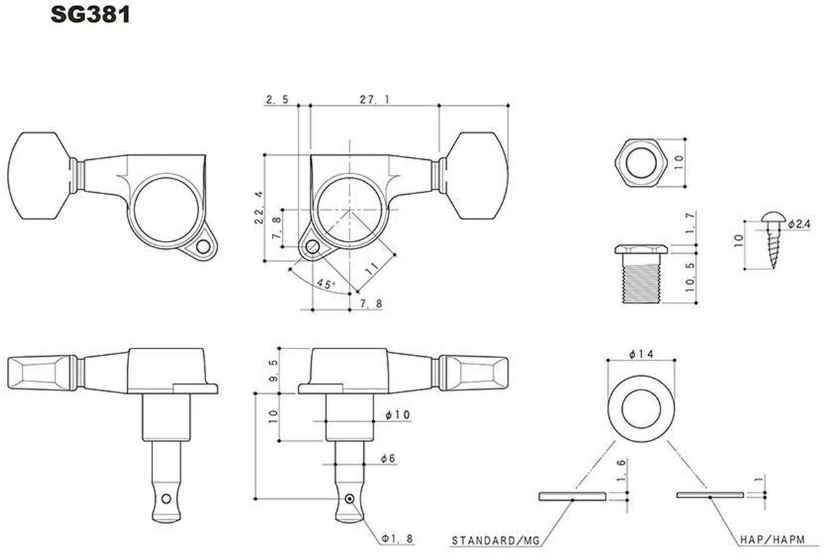 Gotoh GTH13812 SG381 stemmechanieken met 05 knoppen, 4L2R, zwart