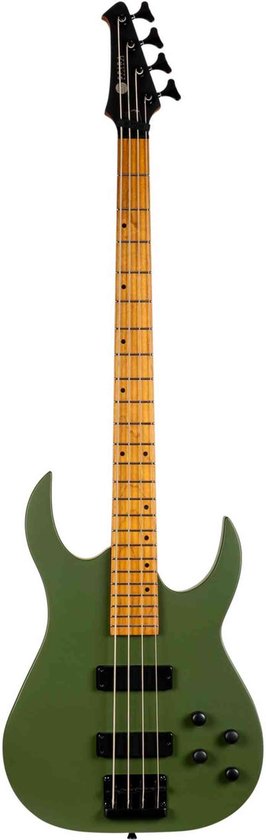 Volledige groene Spira basgitaar met zwarte hardware en houten toets.