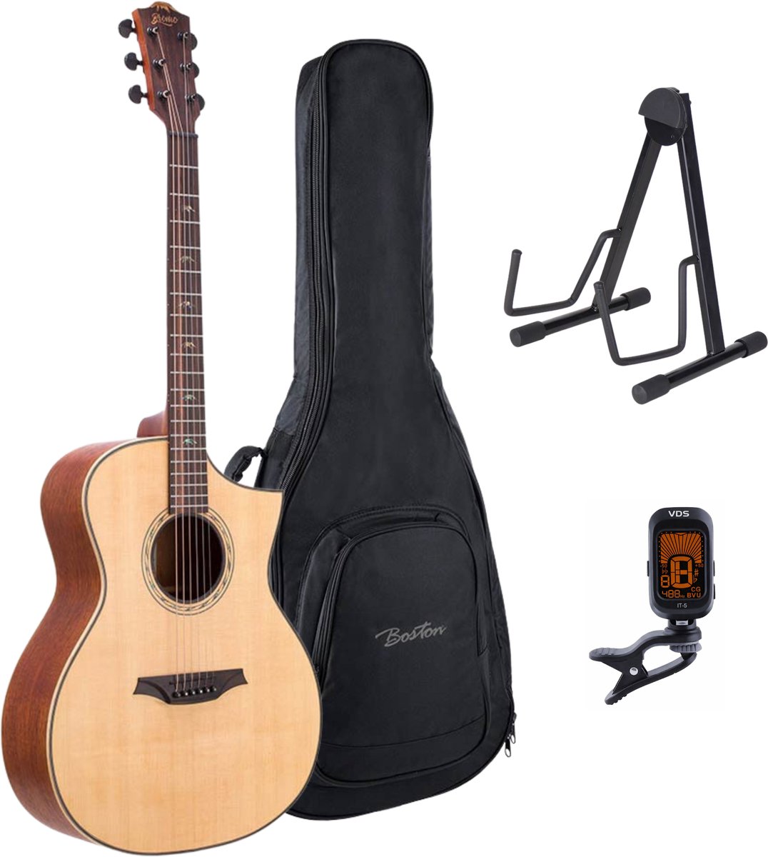 Bromo BAT4C Tahoma Series Gitaarset – Hillside Auditorium Cutaway met Massief Sparren Bovenblad, Gigbag, Standaard en Tuner