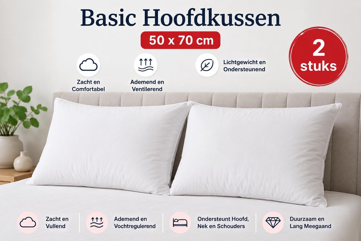 EVE Textile 2 stuks hoofdkussen 50x70 - Anti allergie - Basic hoofdkussen - slaapkussen - 800 gr extra zacht- ideal voor hotels - perfect voor air bnb huizen Wit