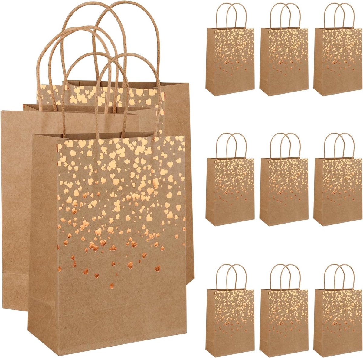 12 stuks bruine papieren zakken met handvat, 21 x 15 x 8 cm, kleine cadeautasjes van kraftpapier met hartversiering voor verjaardag, bruiloft, Kerstmis, feestjes