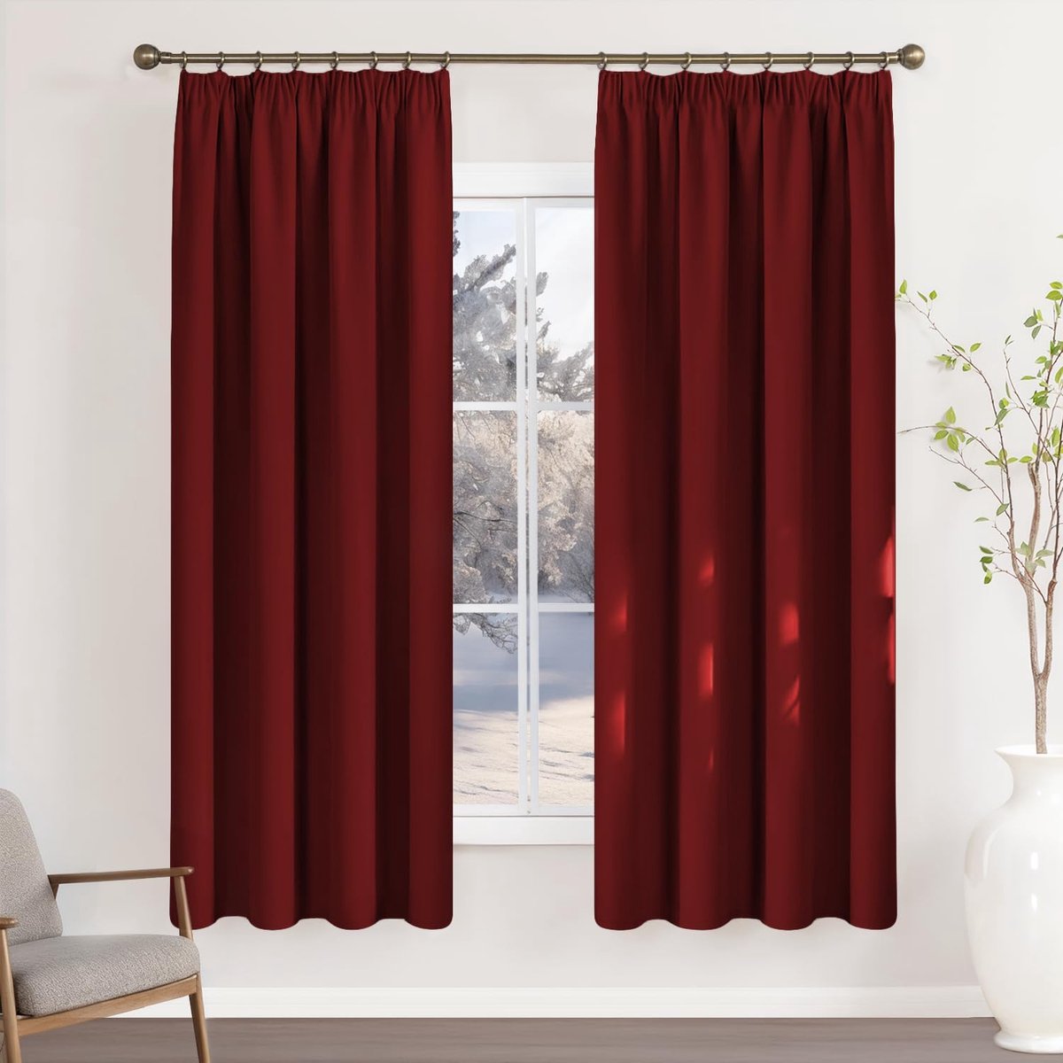 Gordijnen met plooiband, ondoorzichtig, bordeauxrood, set van 2, 180 x 120 cm (H x B) voor railsysteem, thermische gordijnen, koudebescherming, schuifgordijnen voor woonkamer, gordijn