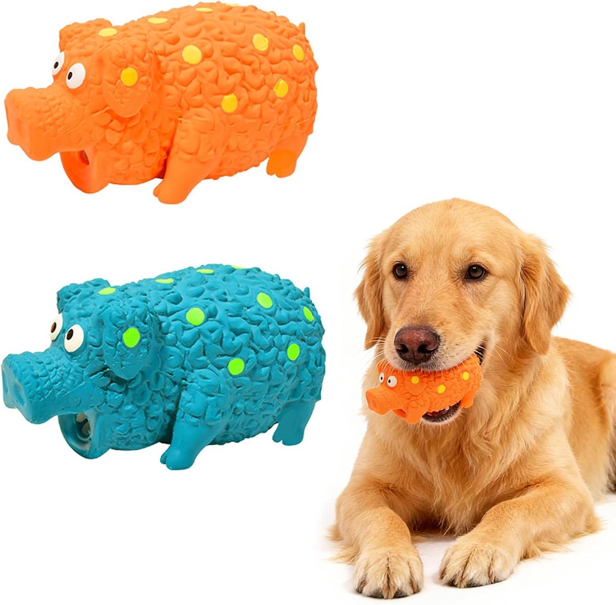 Kauwspeelgoed voor honden, van natuurlijk rubber, 2 stuks squeakspeelgoed in varkensvorm, met tandreinigingsfunctie, duurzaam voor middelgrote en grote honden, 17 cm, blauw en oranje