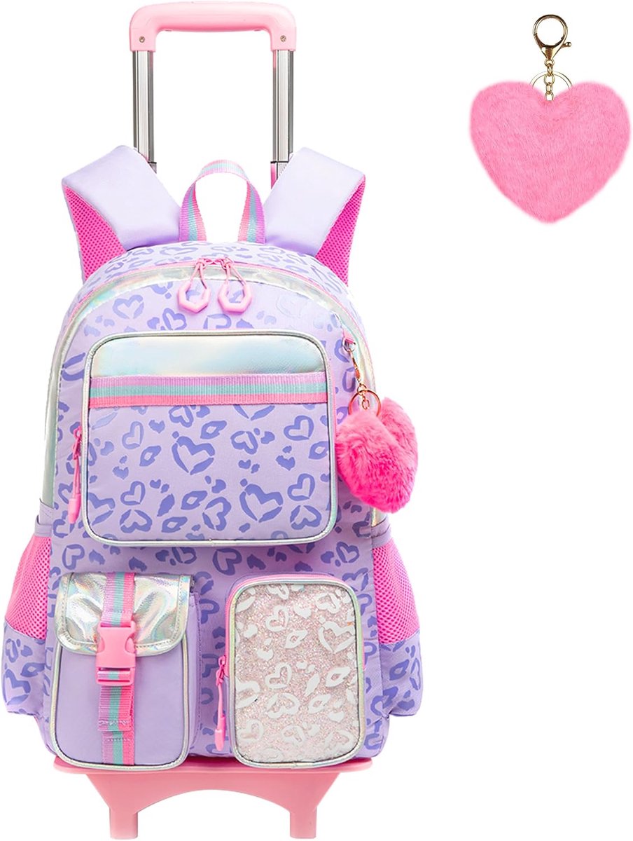 Schooltas met wieltjes, trolley, schooltas, rugzak, schoolrugzak, trolley, schooltas, meisjes, grote trolley, schooltas, rugzak met wieltjes, voor meisjes en kinderen