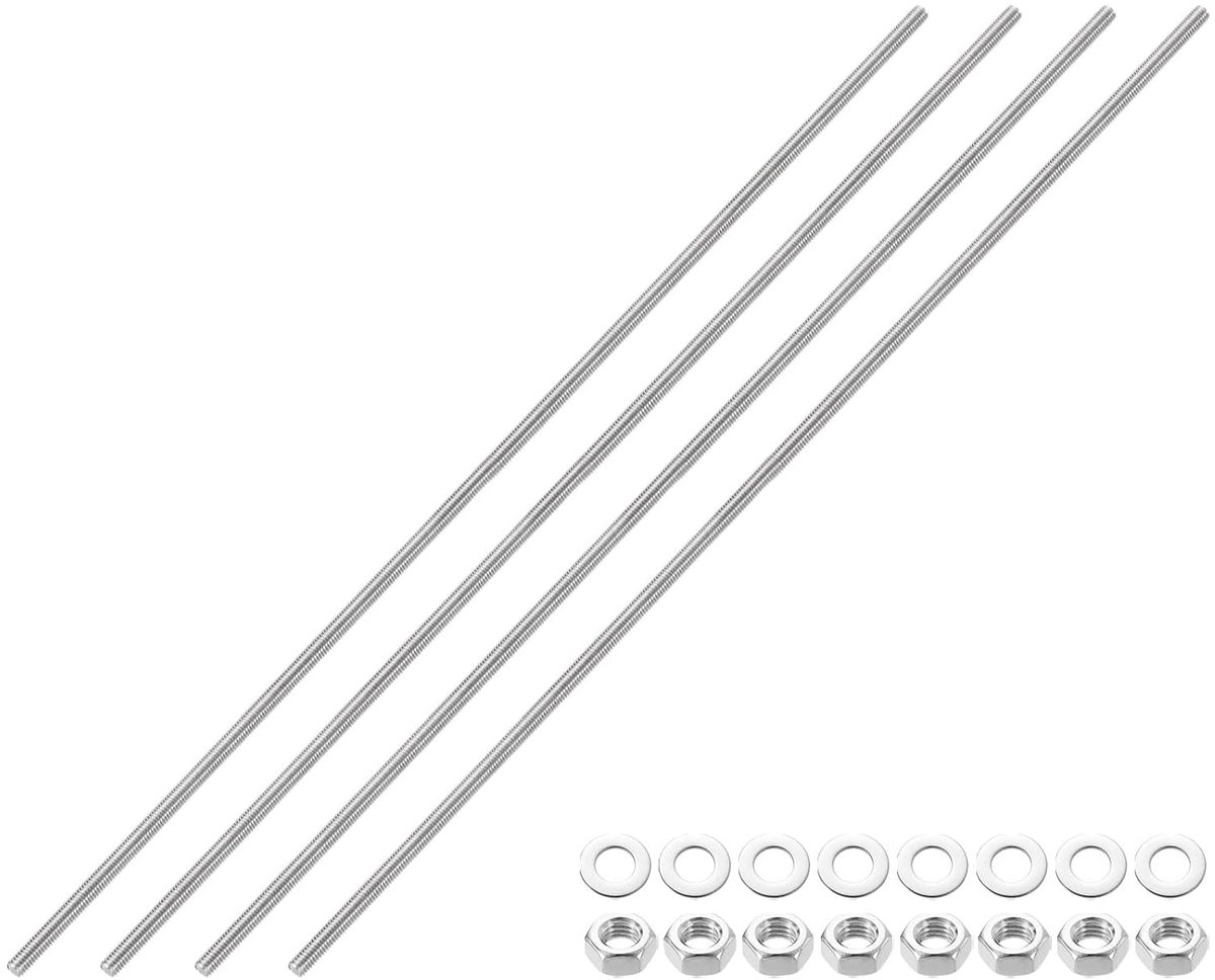 4 stuks stang met volledige schroefdraad, M6 x 400 mm, 201 roestvrij staal, rechtse schroefdraad, stangen met moeren en sluitringen, stang met volledige schroefdraad voor klemmen, hangers en