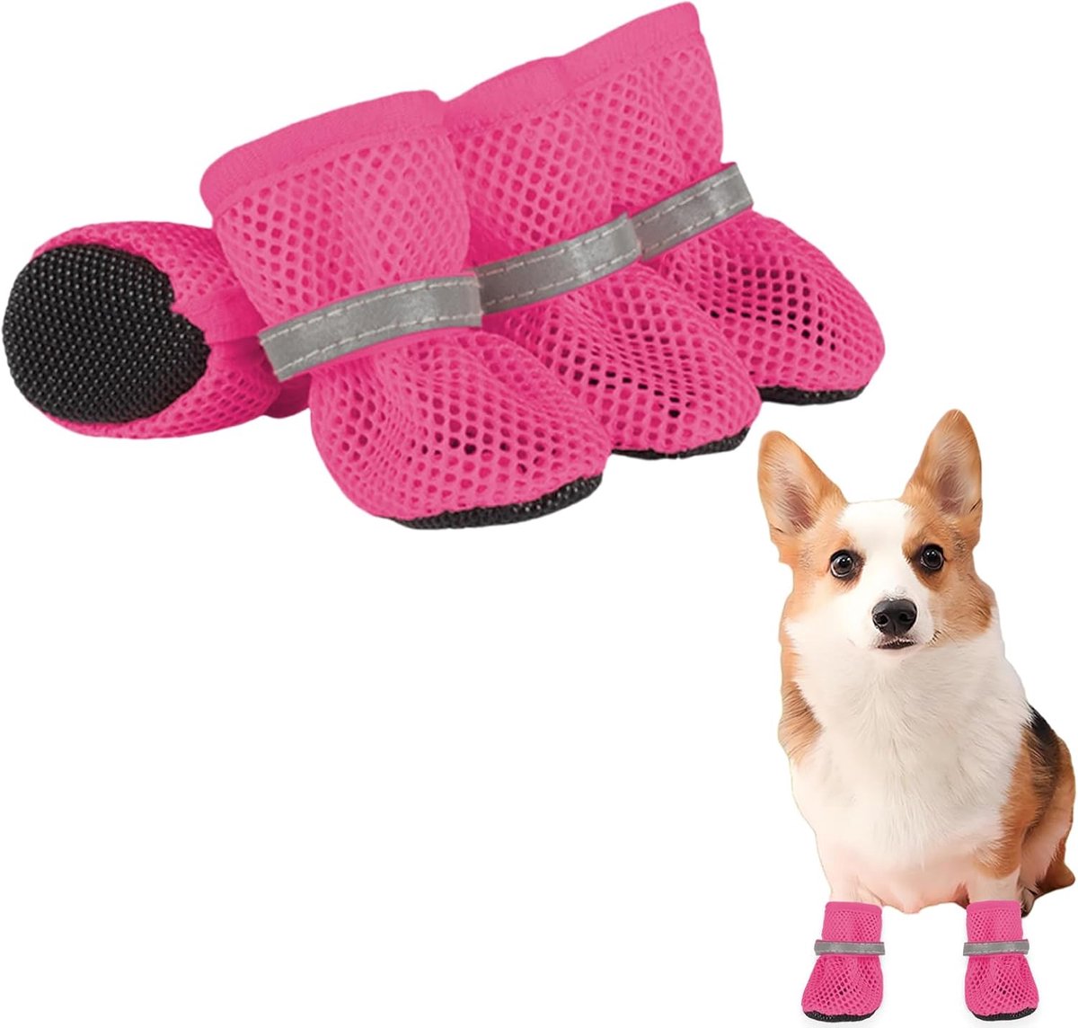 Schoenen met mesh, 4 stuks, ademende pootbescherming, hondenschoenen, antislip, hondenschoenen voor warme zomervloeren, zomer, verstelbare hondenlaarzen voor kleine honden (fuchsia, L)