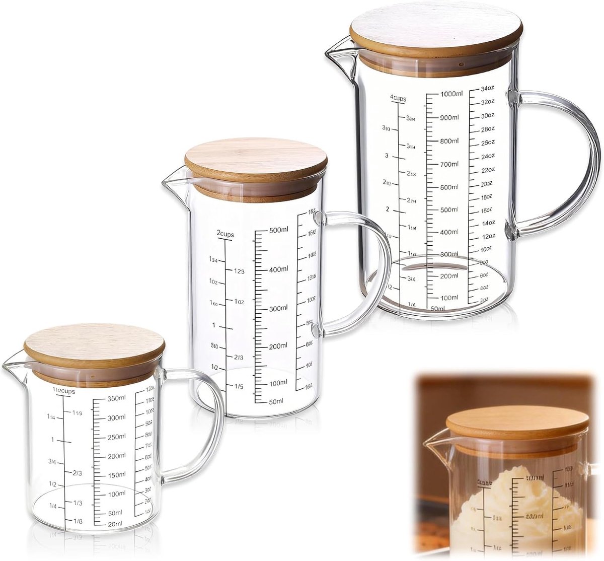 Maatbekerset van glas, 3 stuks, 350 ml, 500 ml, 1000 ml, hittebestendig borosilicaatglas, nauwkeurige schaal, maatbeker, glas met schenktuit, met bamboedeksel, ideaal voor koken, bakken, mengen