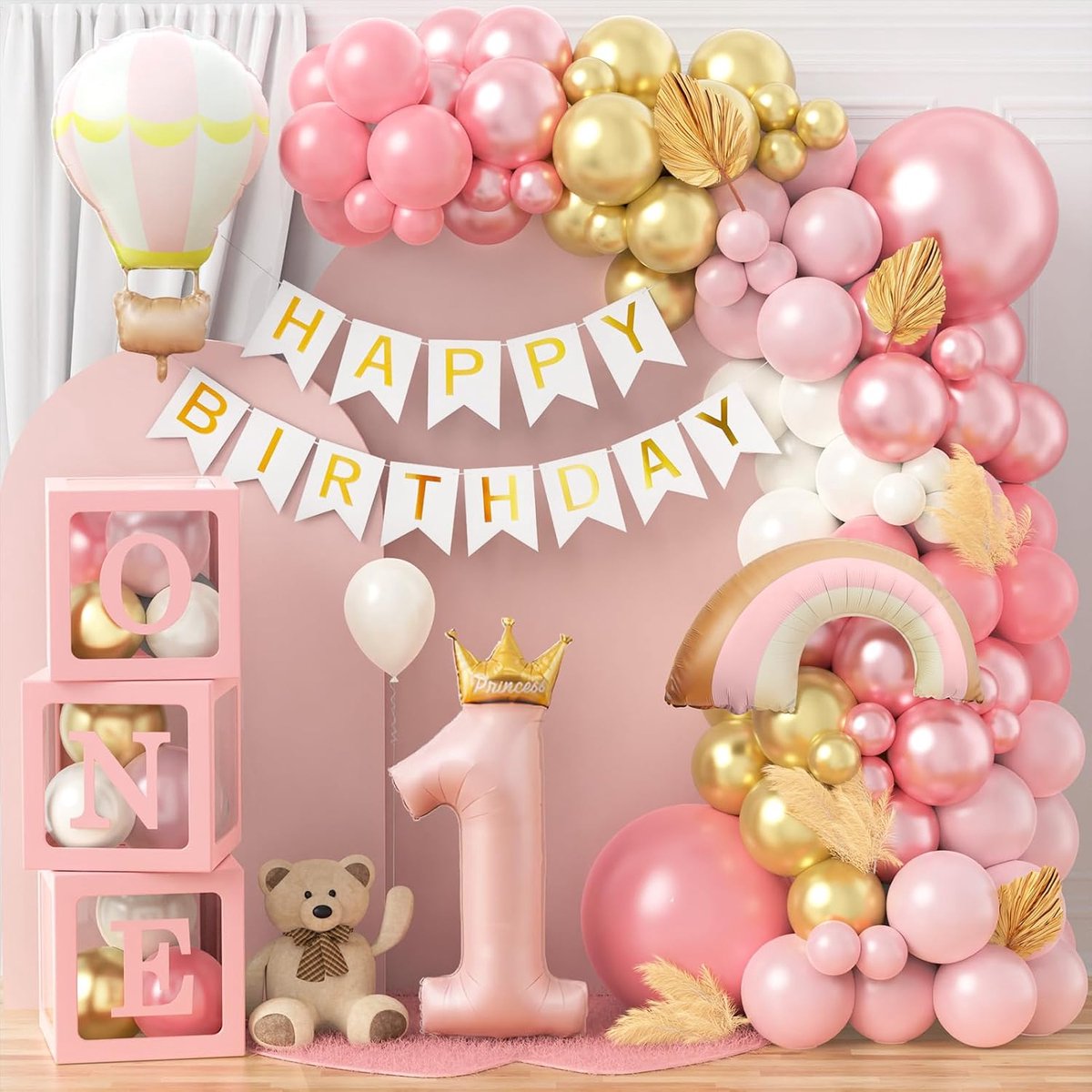 verjaardagsdecoratie 1 jaar meisjes roze, decoratie 1e verjaardag meisjes met ballonbox folieballonnen Happy Birthday-slinger, luchtballon slinger roze voor eerste verjaardag kinderen