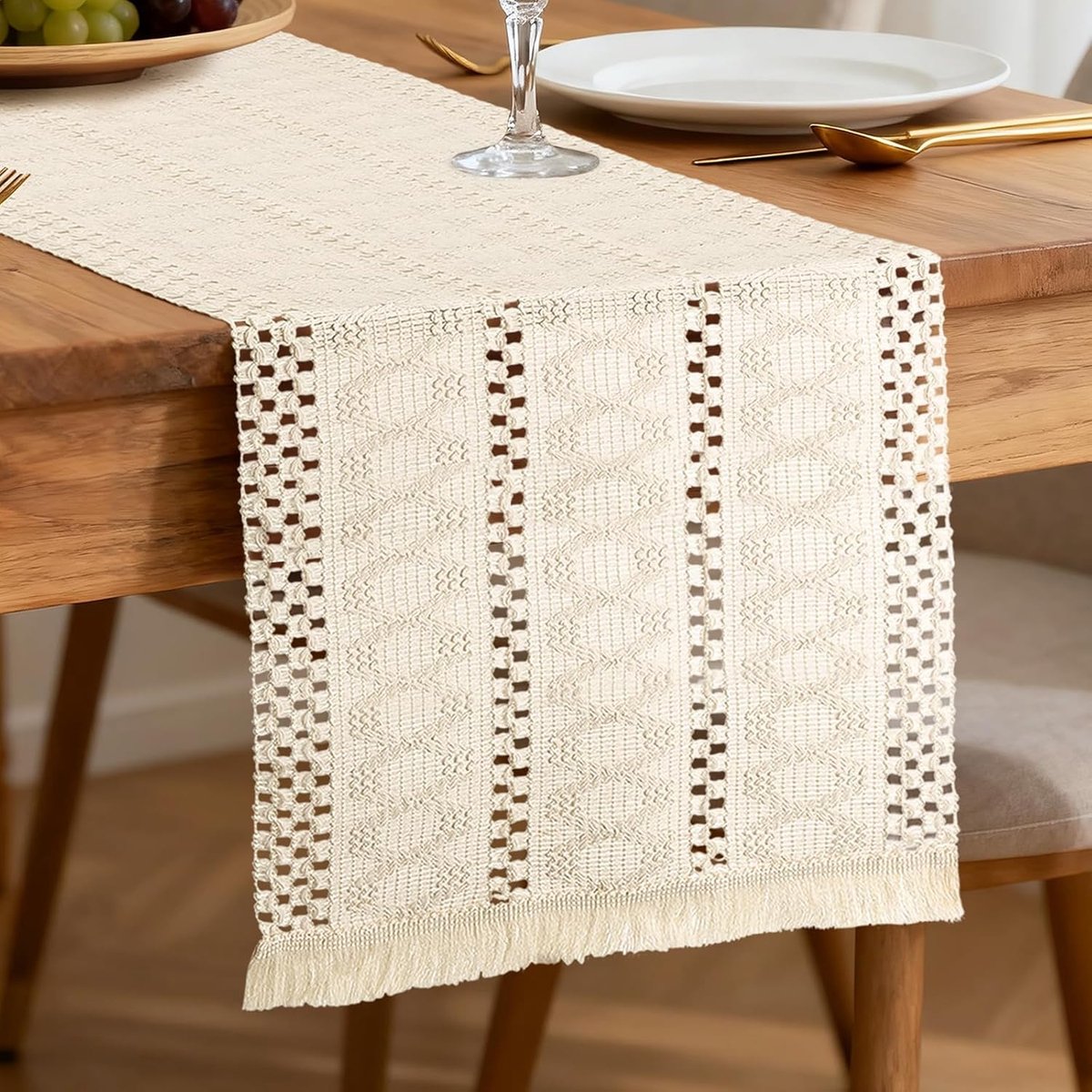 Katoenen Linnen Tassels Tafelloper, 30 x 180 cm Boho Tafelloper, Rustiek, Wasbaar, voor Bruiloft, Feest, Thuis, Eetkamer, Keuken (Beige)