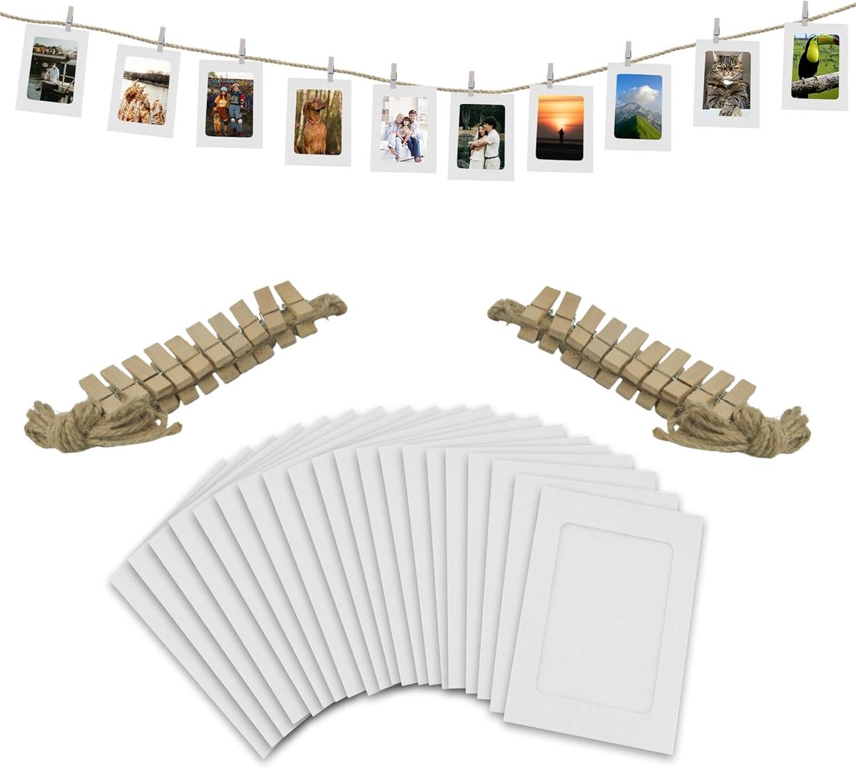 20 Stuks Witte Papieren Fotolijsten 10x15 cm | Met Ophangkoord En Clips. Voor Fotobanner, Display En Evenementdecoraties.