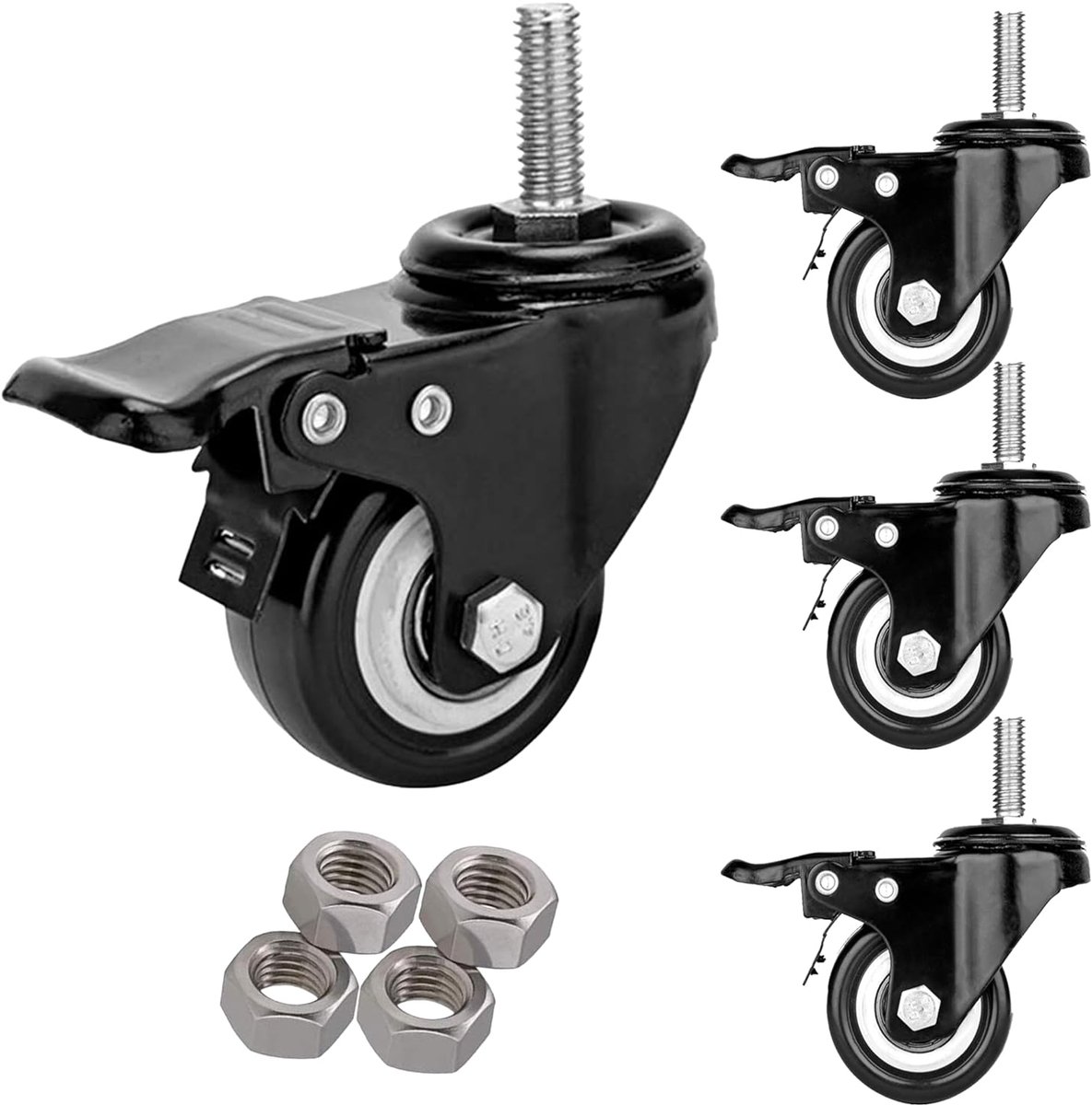 wielen, zware belasting, schroefdraadstangen, veiligheids-dubbele vergrendeling, industriële wielenset van 4, met remmen, voor trolleys en meubels (M12-1,75 x 25 mm, 2 inch)