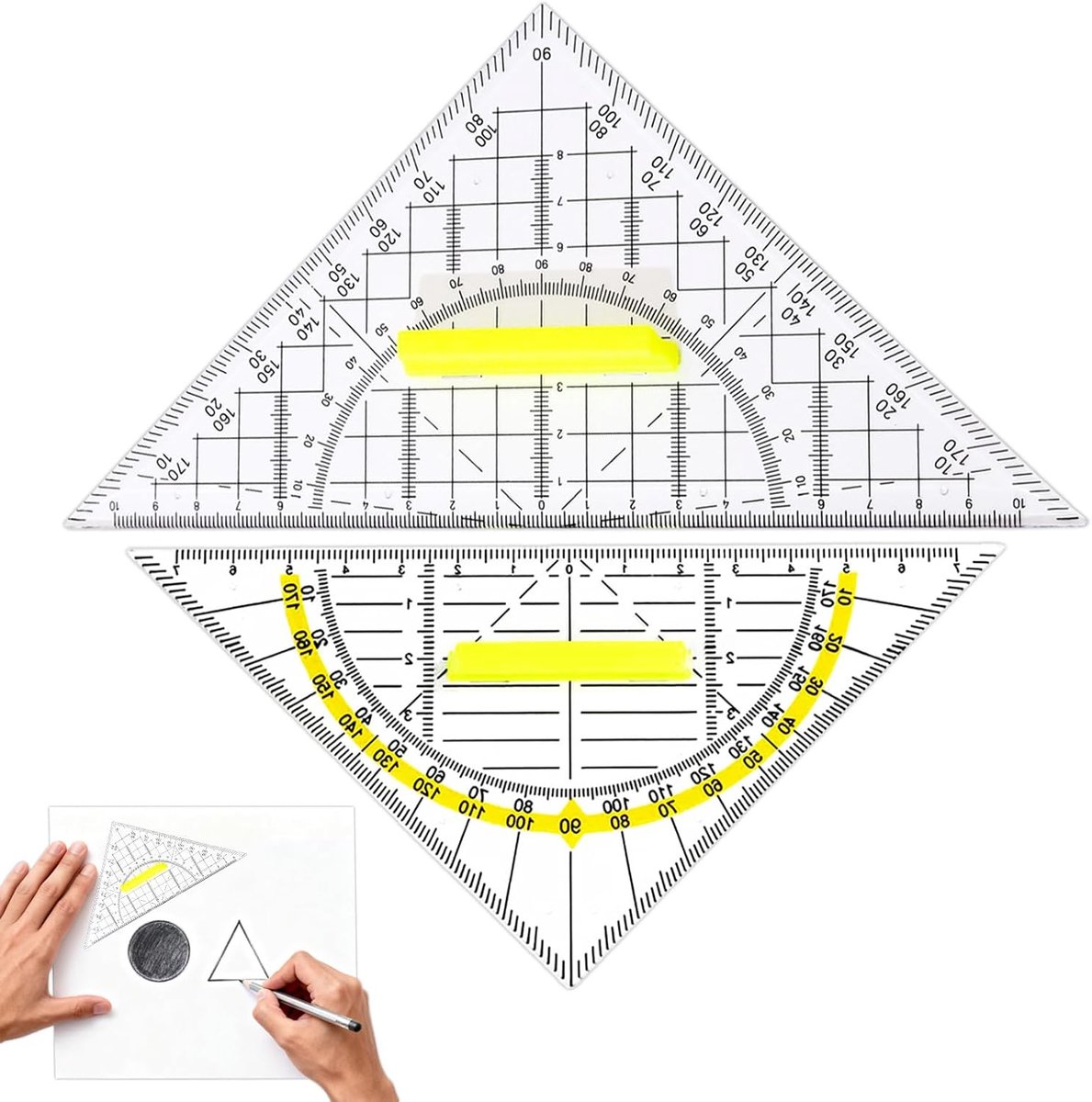 2 stuks geometrische driehoek avec poignée, geodriehoek 45 graden met gele gradatie, transparante geometrische geodriehoek, flexibele driehoek voor school, wiskunde en kunst