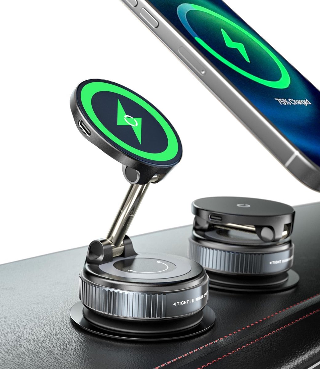 Draadloze Oplader] [Vacuüm Zuignap] 360° Verstelbare & Opvouwbare Autohouder voor Dashboard/Voorruit/Glad Oppervlak [Compatibel met MagSafe]