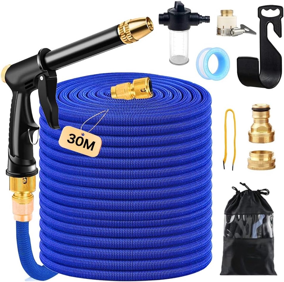 tuinslang, flexibel, 30 m maximaal, flexibele slang voor in de tuin, met schuimgenerator, 3 adapters en wandhouder, knikvrij, voor tuinirrigatie, autowassen, enz