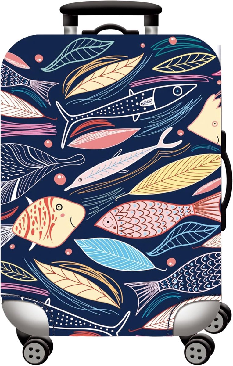 elastisch, wasbaar en herbruikbaar, polyester + spandex, 4 maten (S, M, L, XL) - voor cabinekoffer, medium of groot, bagagehoes, Meerkleurig, L, Vissen