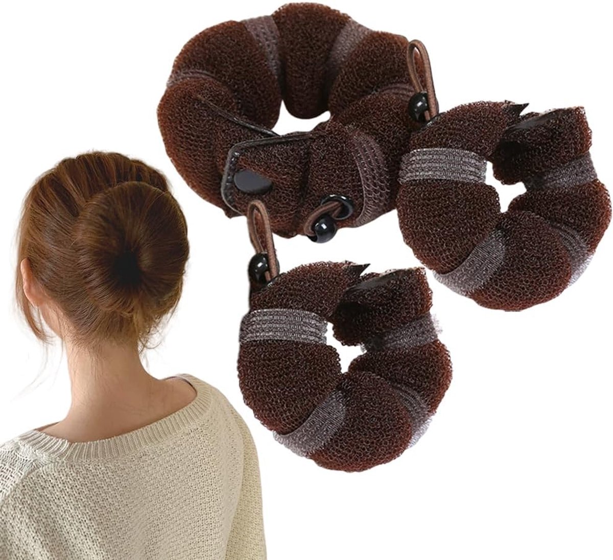 3 stuks bruin haar broodje Makers, 1 grote + 2 kleine donut chignon stylers | Ademende spons met veilige kliksluiting, twee maten voor volle en halve broodjes. Gemakkelijke chignon styling zonder hitte