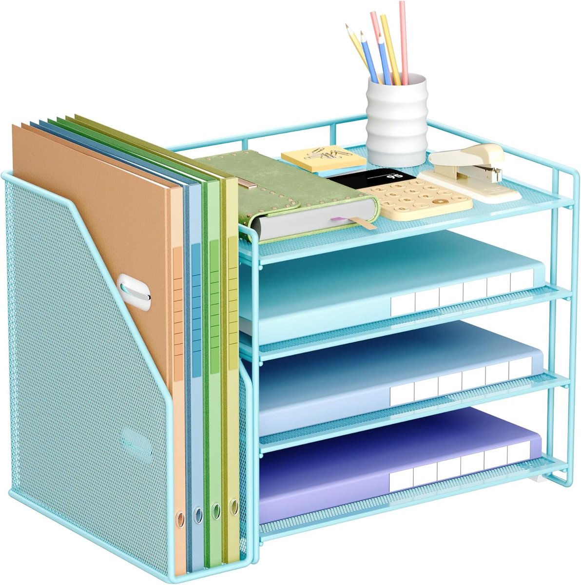 bureau-organizer, 4 niveaus brievenbak, dossierhouder met staande verzamelaar, bureau-organizer voor A4-documenten, tijdschriftenhouder (Blauw)