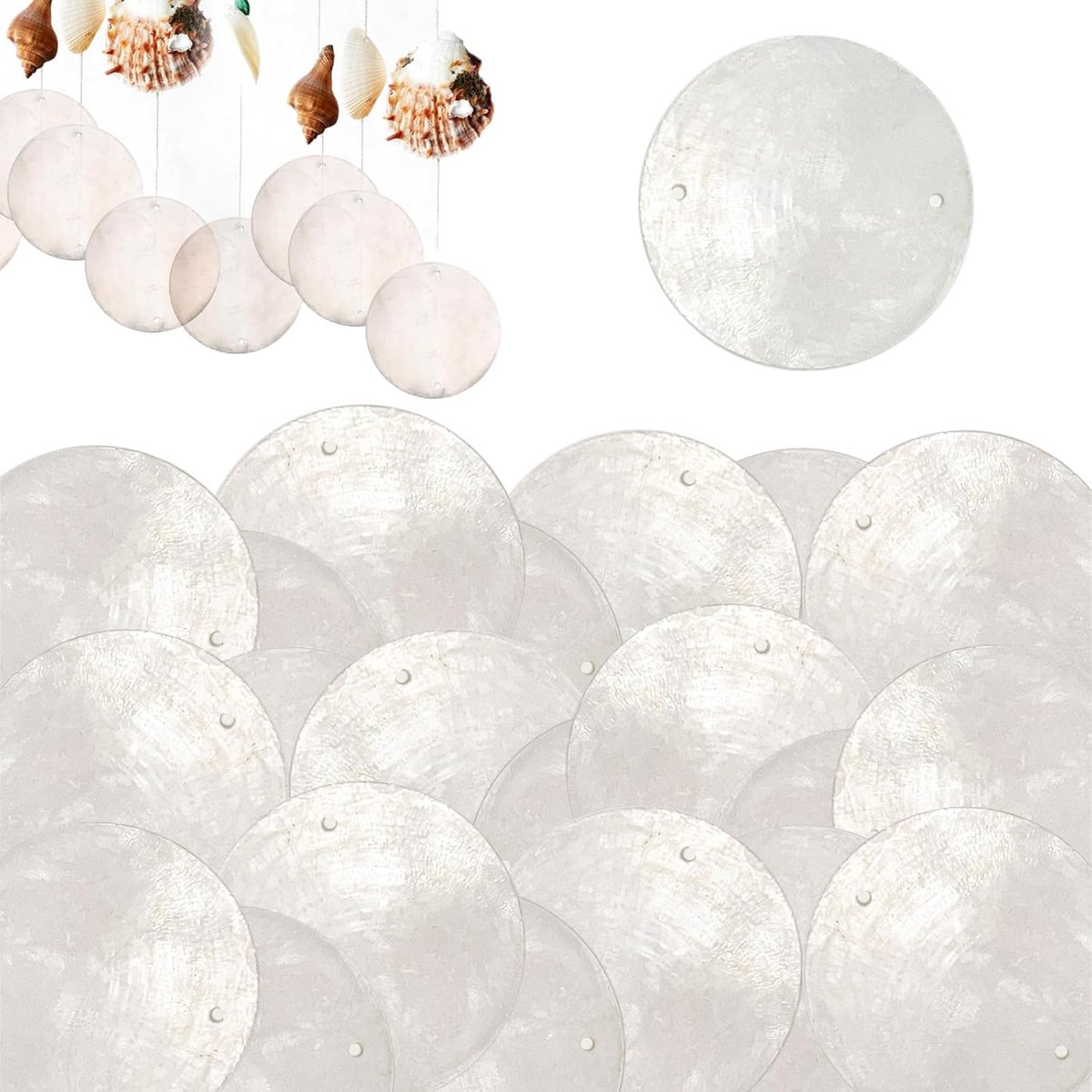 100 stuks schelpparelmoer schijven, parelmoer, gepolijste ronde schijven, accessoire, windgong hanger, retro, met twee gaten, voor schelpgordijnen, doe-het-zelf knutselen, woondecoratie (wit)