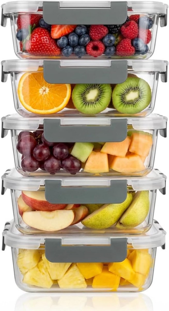 Set van 5 voedselcontainers van borosilicaatglas (1040 ml) met deksel, luchtdicht en BPA-vrij, geschikt voor magnetron, vaatwasser en vriezer, voor meal prep en lunchbox