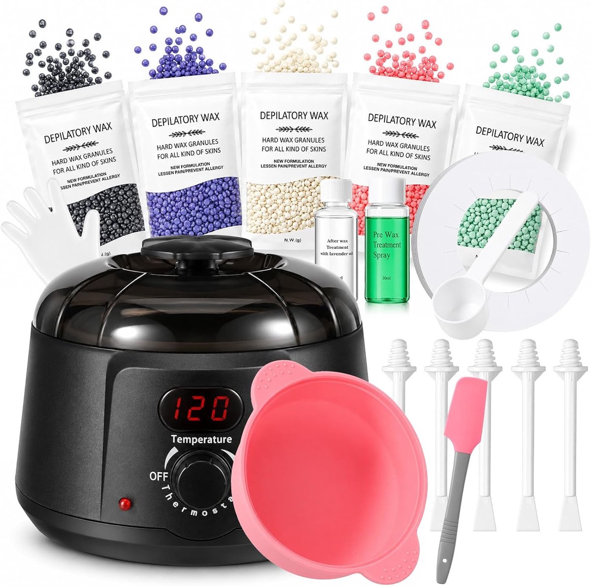 35 stuks Braziliaanse waxverwarmingsset, complete kit met temperatuurverwarming, digitaal lcd-display met 500 g was, 20 spatels en 2 verzorgingsolie voor bikini, gezicht, lichaam, heren en dames