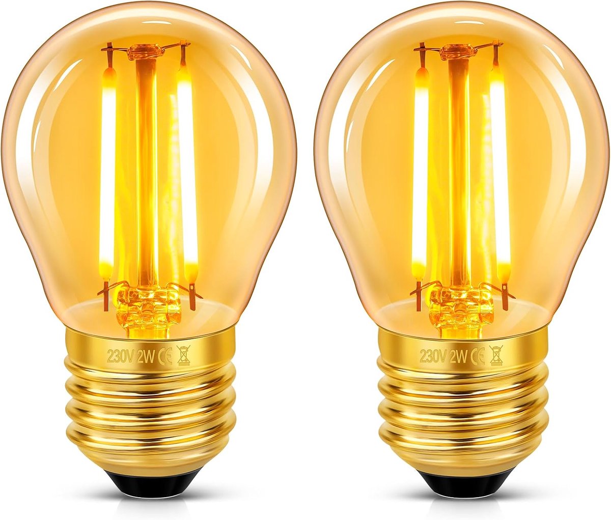 2 stuks E27 LED 2 W Edison vintage gloeilamp, G45 vintage gloeilamp, vervangt 20 W gloeilampen, warm wit 2200 K barnsteen glas lamp, niet dimbaar, nostalgische decoratie voor thuis, hotel, café, bar