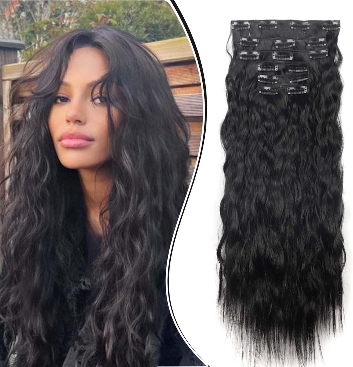 Haarverlenging, echt haar, clip, zwart, krullend, haarstukje, 6 strepen, 50 cm, haarverlenging met clip, voor vrouwen, golvend, lang, synthetisch, krullend