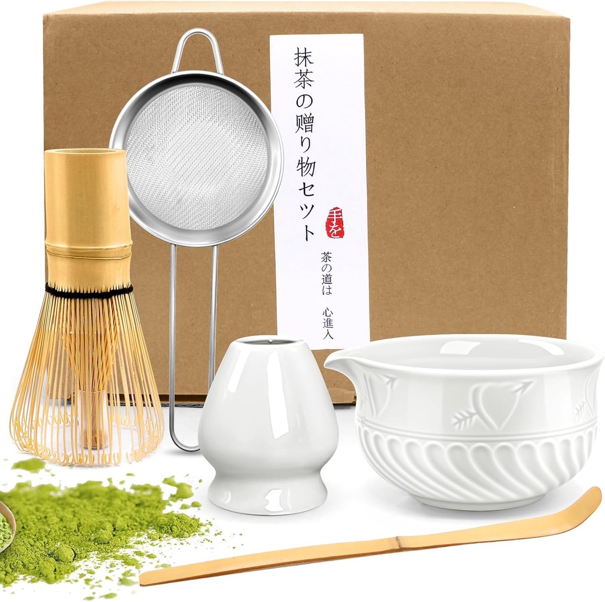Matcha Set EOPUOZS, Matcha-kom, Lepel, Zeef, Garde Houder voor Matcha Garde, Japanse Matcha-accessoires (Wit)