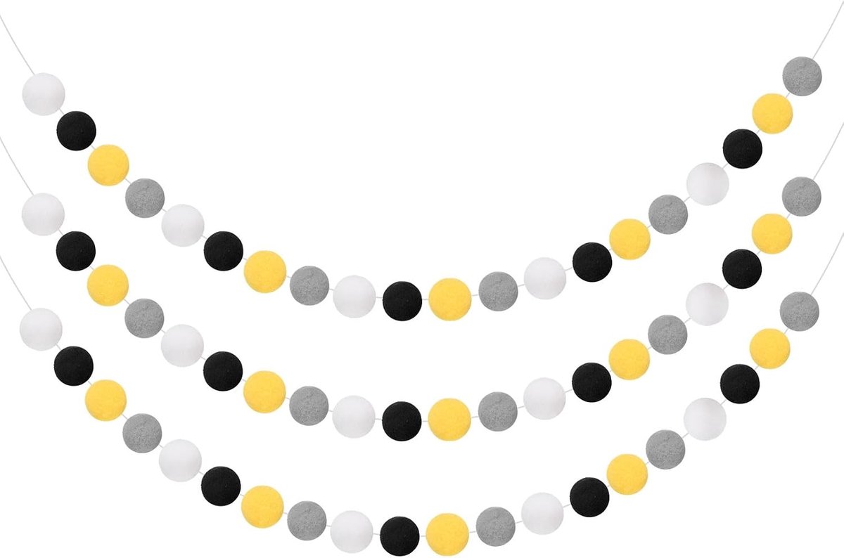 3 stuks pomponslinger, 30 ballen, kleurrijke vilten balslinger, voor wanddecoratie, verjaardagsbanner, paasfeestdecoraties, zwart, wit, grijs, geel