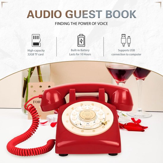 gastenboek bruiloft telefoon, 32 GB geheugen aangepaste audioberichten, volume verstelbaar, met berichtherhalingsfunctie, geschikt voor alle soorten feesten (rood+teken) — afbeelding 2
