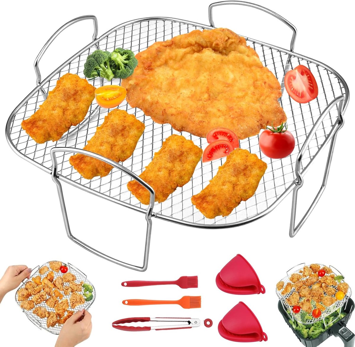 Set van 6 grillroosters heteluchtfriteuse roestvrij staal voor heteluchtfriteuse oven stoompan dehydrator (21 x 21 x 9 3 cm)