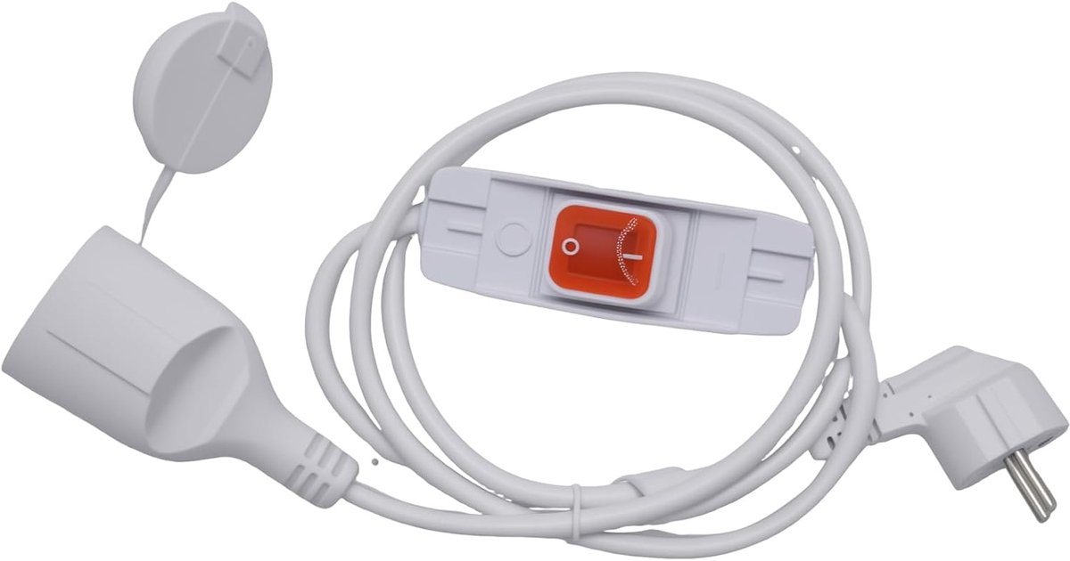 1,5 m, 90 graden wit, Schuko verlengkabel met schakelaar, IP44 beschermd voor huishouden, tuin, bouwplaats, 3 x 1,0 mm² koperen geleider, wit