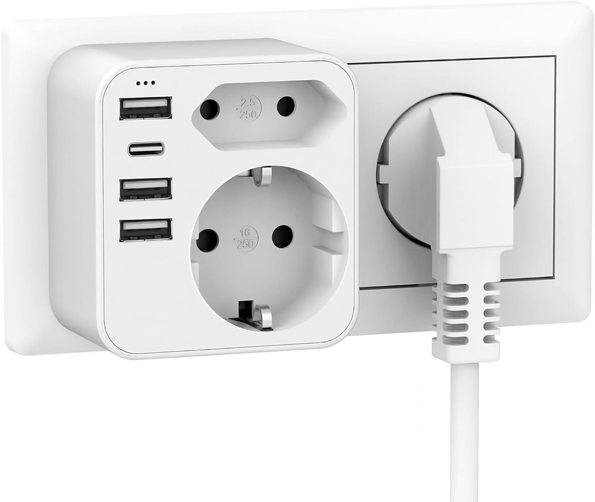 Stekkerdoos met USB-C - Stekkerdozen met 2 Verticale Stopcontacten - Wandcontactdoos met Meerdere Stopcontacten zonder Kabel - Meervoudige Stekkerbasis - 3 USB-C + 1 USB-A - Wit