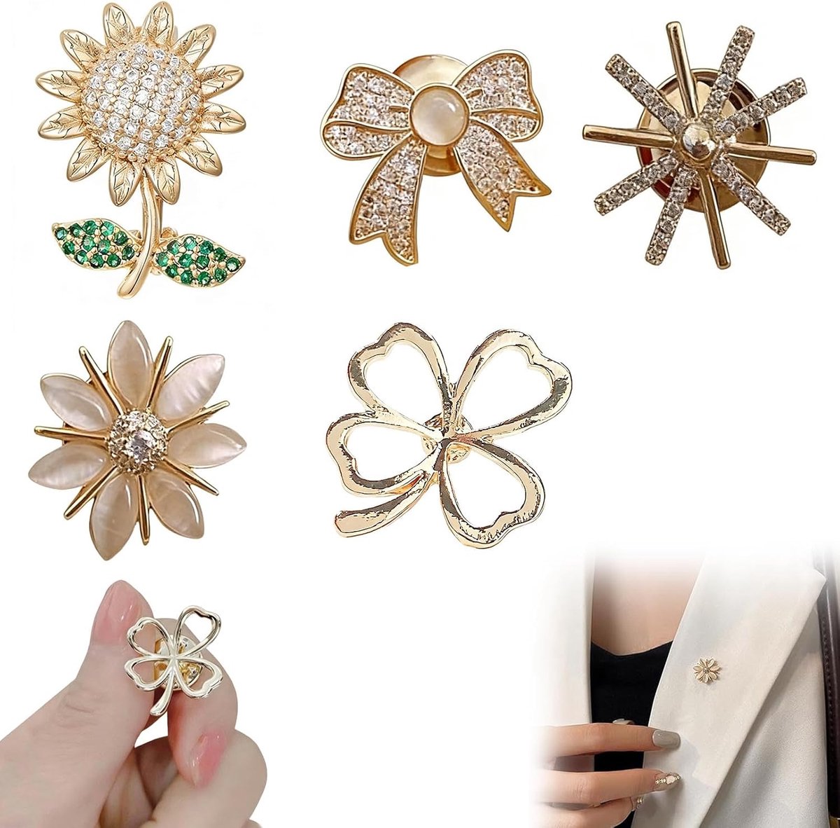 Broche Voor Dames, 5 Stuks Strass, Cardigan Clip, Vintage Broches Voor Kleding, Trui, Sjaal, Gebreide Jas, Antieke Cape, Broche Voor Feestjes, Banketten, Versierde Kleding, Hoogwaardige Acce