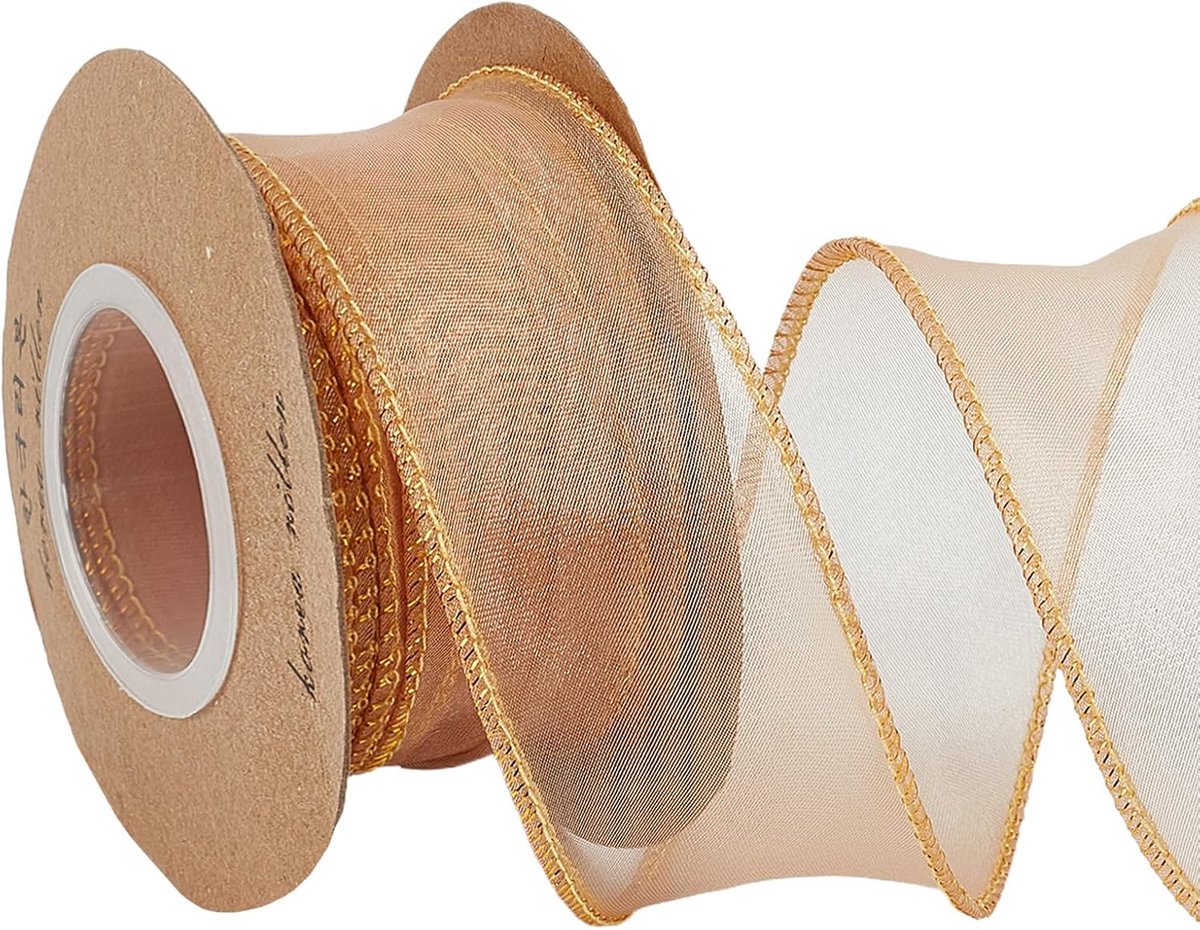 2 stuks 10 m goud organza bedrade lint, 3,4 cm doorschijnende chiffonlinten met metalen rand, decoratieve trimmen voor kerstboomdecoratie, inpakken bruiloft ambachten
