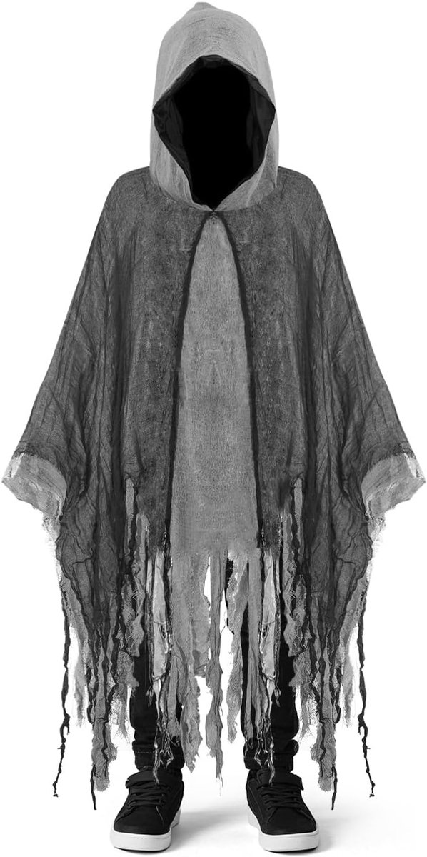 spookmantel voor volwassenen en kinderen, 90 cm/120 cm/155 cm Griezelige spookmantel, Halloween mantel met capuchon Halloween heren dames Magere Hein spookachtige outfit carnaval feest