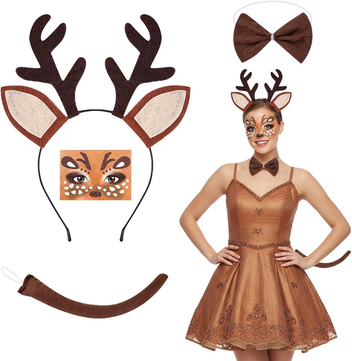 4-delige set voor dames, gewei hoofdtooi met gezichtstattoo hertenstaart, rendierkostuum, accessoire voor carnaval, themafeest, cosplay, carnaval