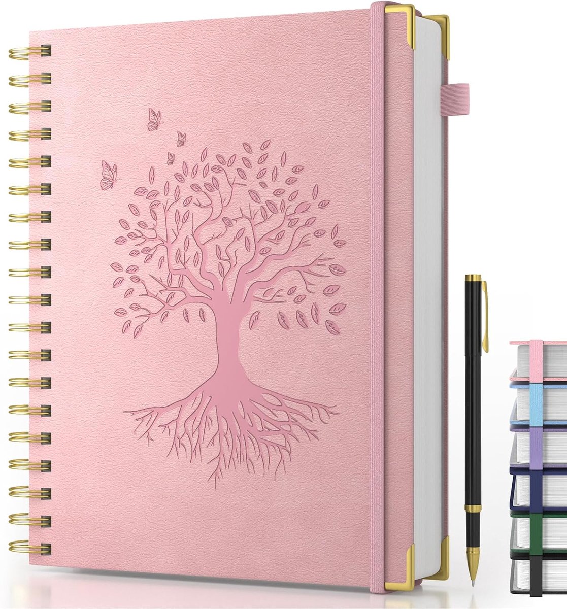 Spiraal Notitieboek, B5, hardcover leer, gelinieerd, 100 g/m², 240 pagina's, dik papier, dagboek, leer, notitieblok voor volwassenen, werk, schrijven, notities, leren, reizen, 19 x 25 cm, roze