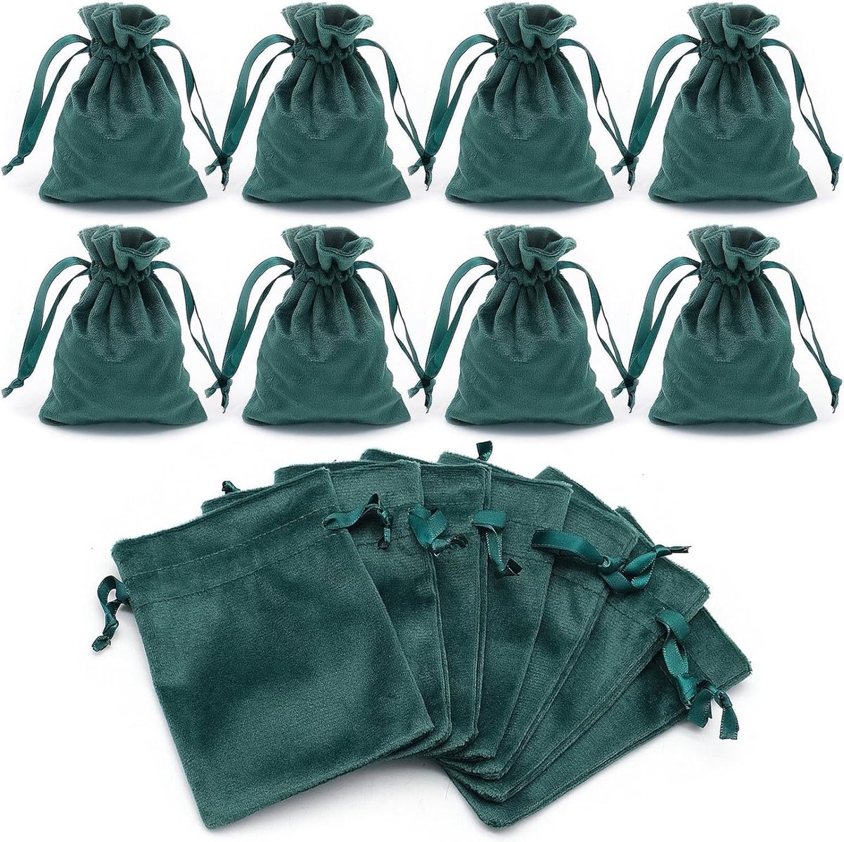 Set van 12 Fluwelen Sieraden Tassen 9 x 12 cm met Trekkoord voor Sieradenopslag, Cadeautassen en Feestdecoratie in Groen