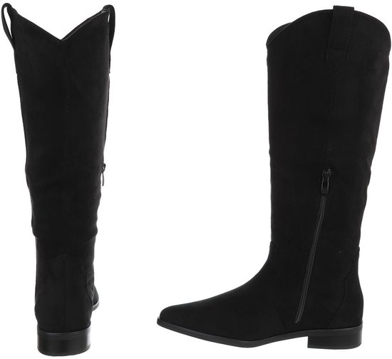 Bottes noires pour femme, paire, hauteur genou avec zip, talon bas et bout pointu.