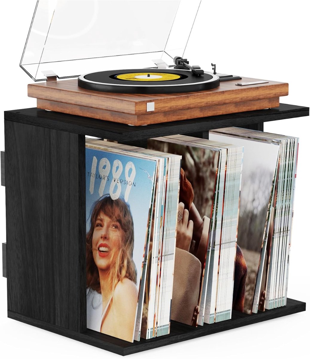 KIRA® LP Opbergsysteem - Vinylstandaard Houten Kist Wand - Platenspeler-Standaard Met 3 Vakken - Zwart - ‎‎36cm x 32cm x 36cm