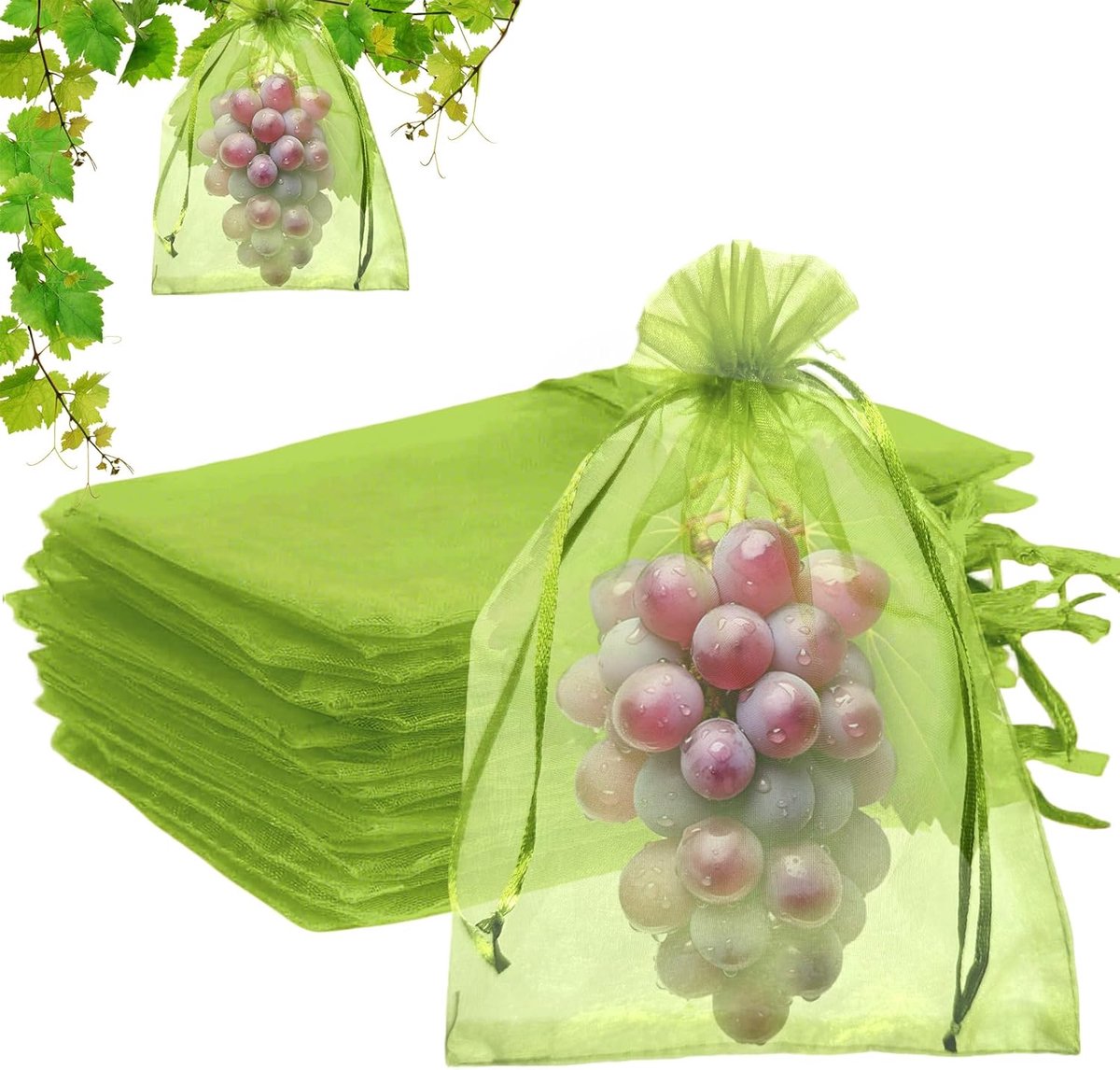 100 fruitbeschermzakken, 20x30cm groene fruitnetzakken met trekkoord, Geschikt voor de bescherming van planten, fruit, bloemen, groenten en tuinplanten.