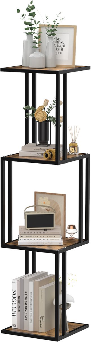 PIPIPOXER Bijzettafel - Vintage Tafeltje –3 laags –Hout en metaal - 30 x 30 x 123 cm - Tafel Industrieel - Banktafel - Bijzettafels - Houten Bijzettafel– Bruin