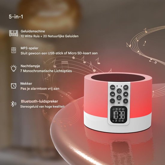 QTTVBTNA -Bluetooth Luidspreker - Nachlampje - 7 kleuren LED, 30 slaapgeluiden, timer, wekker, handsfree - Bluetooth 4.0, USB, microSD - Oplaadbaar - Voor kinderslaapkamer, reis en camping - Cadeau voor tieners en volwassenen — afbeelding 4