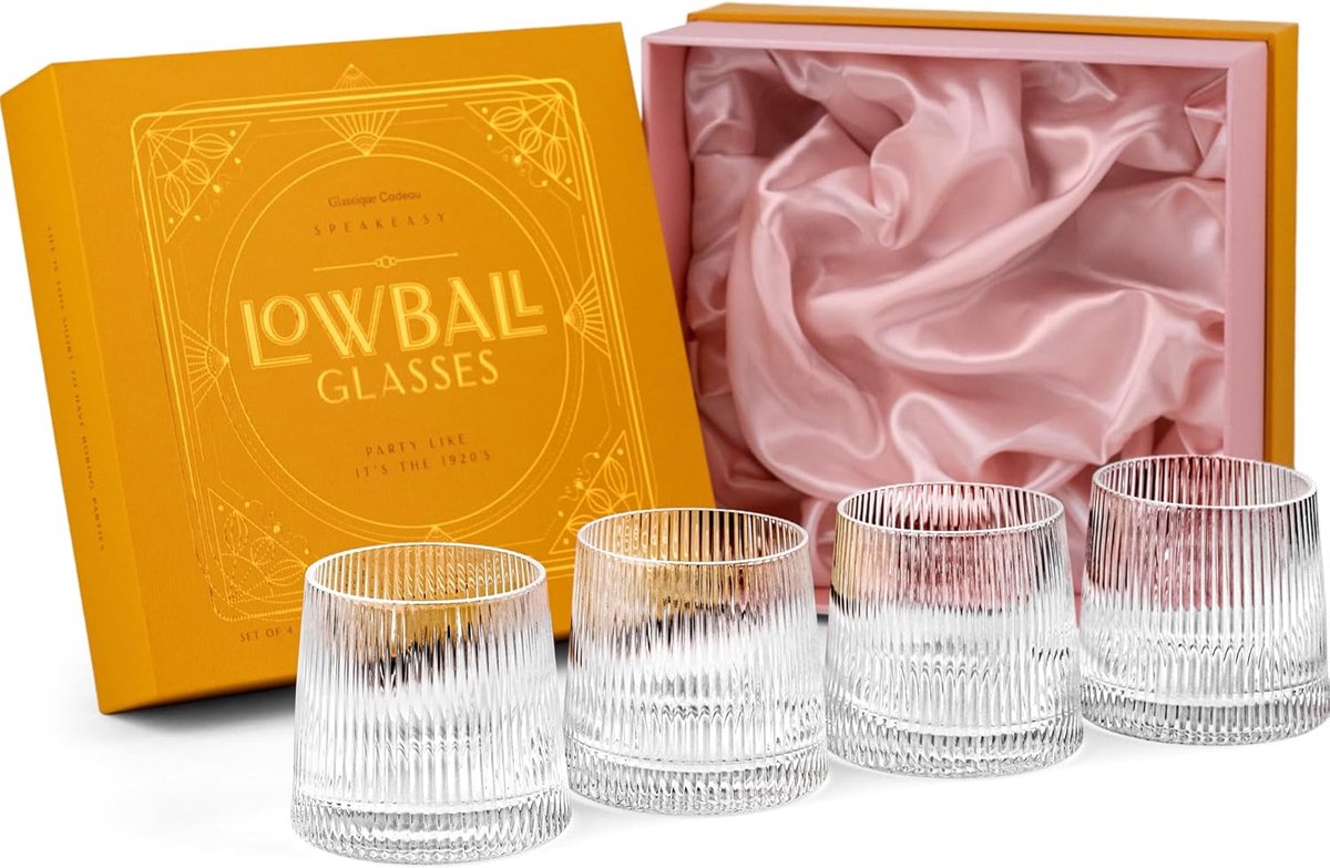 SnelShoppen - Vintage Art Deco Lowball Glazen Set van 4 - 260 ml Kristal Glazen voor Whisky, Rum, Vodka Cocktails - Perfect voor Feesten en Bargebruik