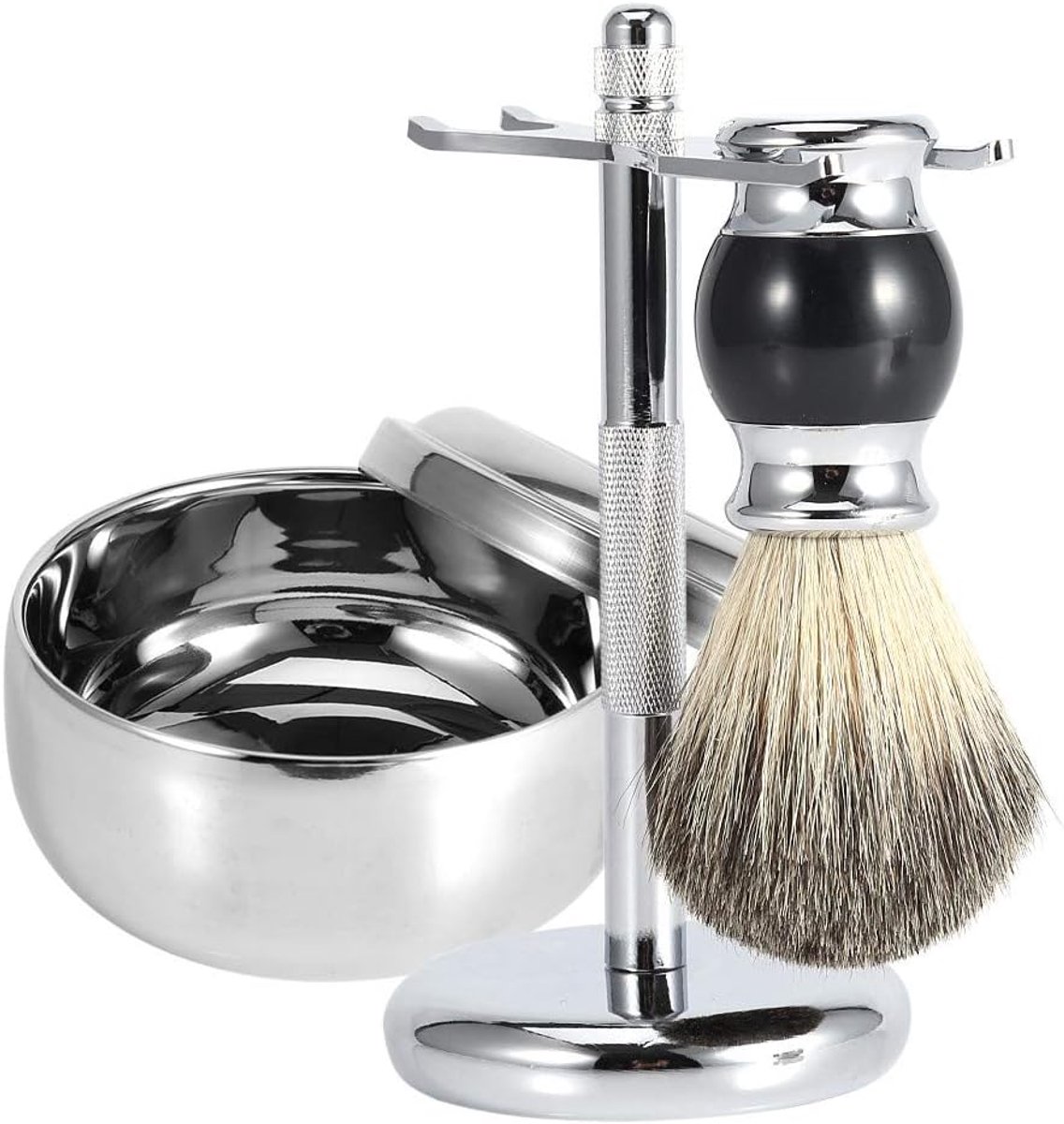 SnelShoppen - Premium Badger Hair Scheerkwast Set voor Mannen met Houder, Zeephouder met Deksel, Chroom Accenten, Zacht Kunsthaar, RVS, Zwart