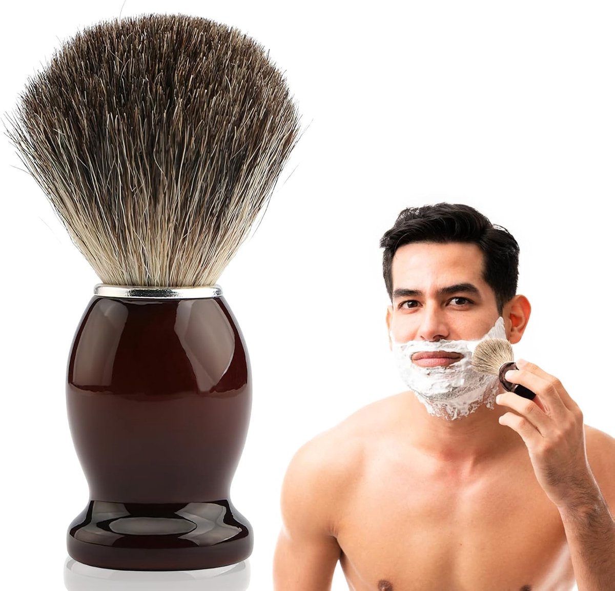 SnelShoppen - Premium Badger Hair Scheerkwast voor Mannen met Houten Handvat, Zachte Haren voor Scheerkwast, Schuim Scheerkwast Set voor Nat Scheren e